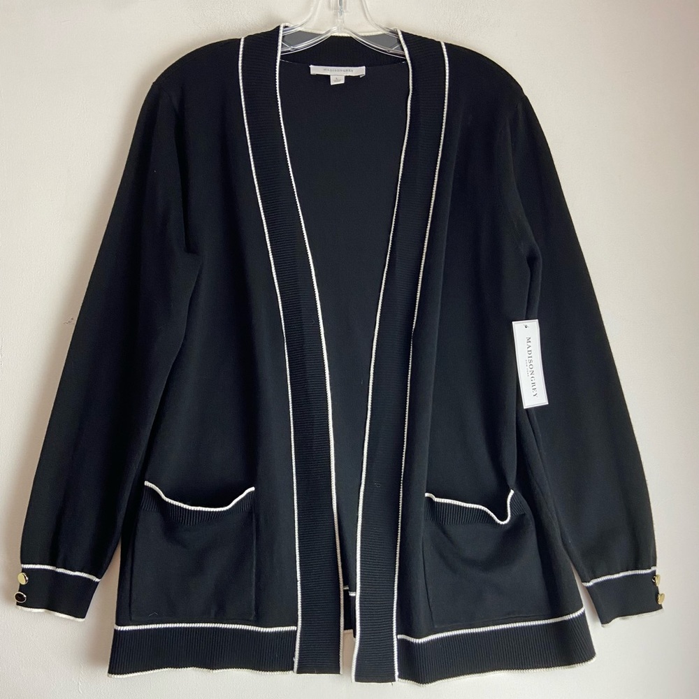 Madison grey Black White Stripe Cardigan Sweater NWT Size large (558)
